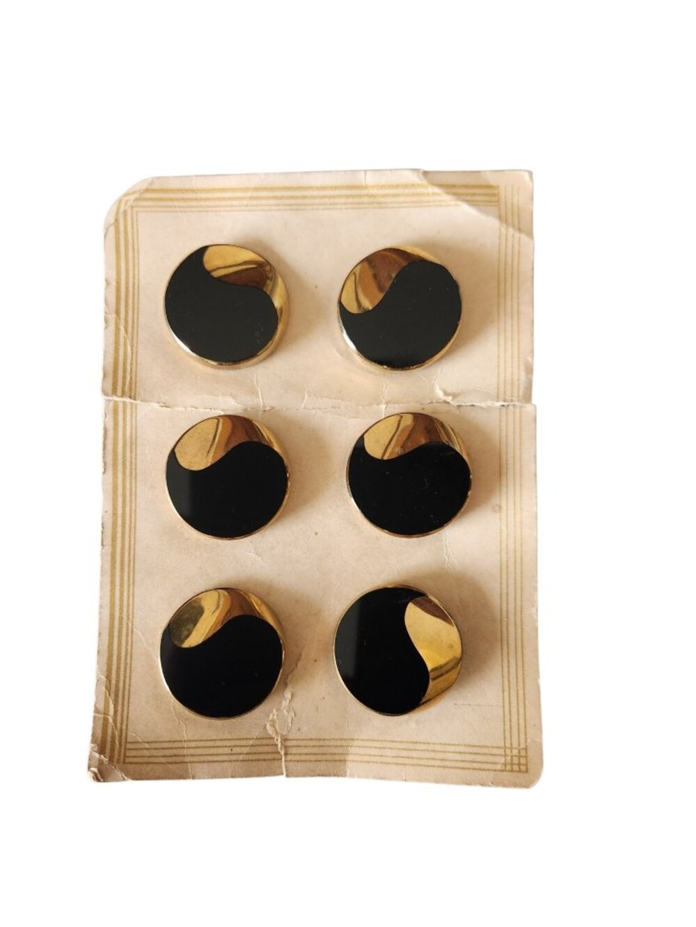 Vintage Black Glass Gold Tone Buttons 1.25” Set of 6 Large Coat Art Deco MCM